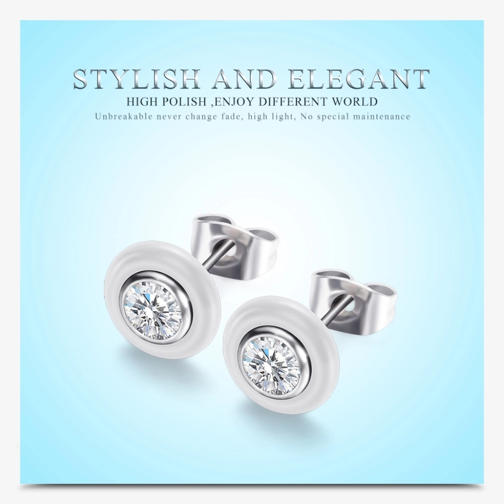 NEW White Solitaire Diamond Ceramic Stud Earrings - Picture 5 of 8